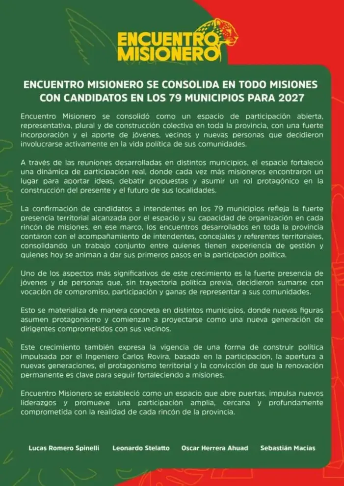 Encuentro Misionero confirmó que tendrá postulantes a la intendencia en la totalidad de los 79 municipios